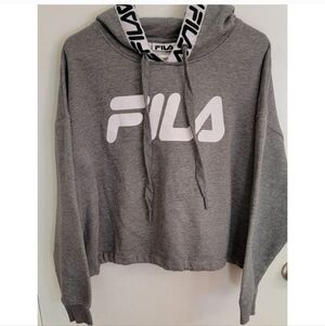 FILA Logo Taping around Hood Cropped Gray Black and White Hoodie size 2X EUC
